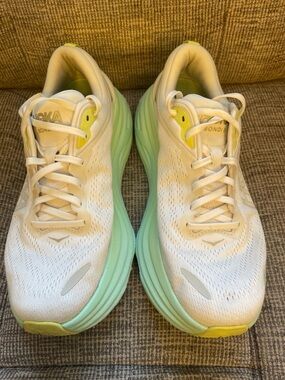 Hoka Women's Bondi 8 Running Shoes in White, Mint & Yellow